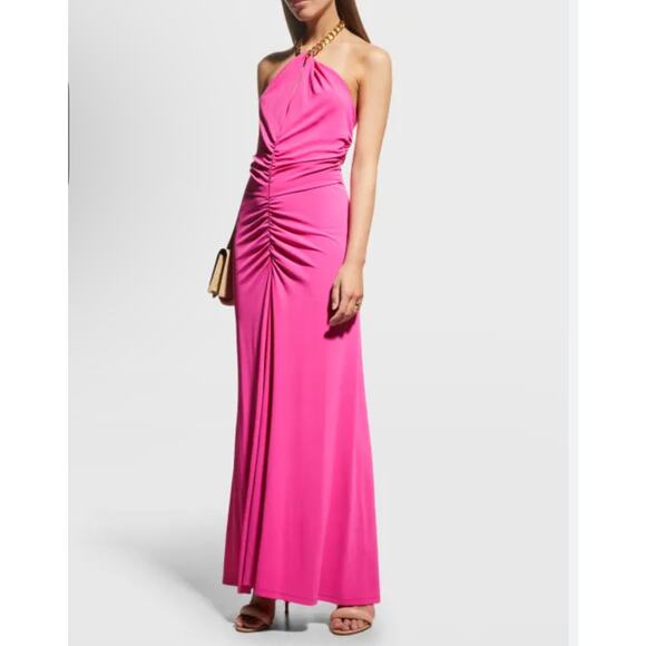 VERONICA BEARD chain-embellished ruched stretch-jersey halterneck maxi dress XS
